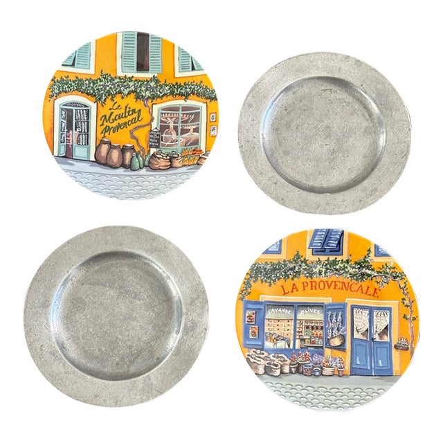 Curated Vintage French Limoges Porcelain and Hand-Forged Pewter Dessert Plates - Set of 4 For Sale
