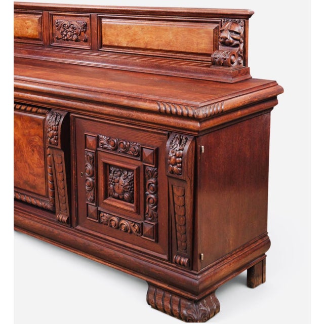 Mid 20th Century Monumental Carved Baroque Style Credenza With Figured Wood Panels — 102″ Wide For Sale - Image 9 of 12