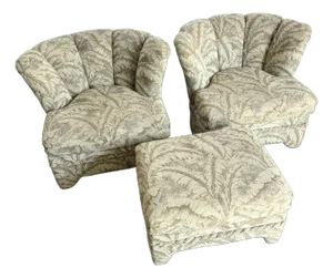 Postmodern Scalloped Banana Leaf Lounge Chairs With Ottoman - 3 Pieces