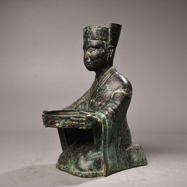 Ancient Chinese Bronze Kneeling Figure Lamp Base With Inscription – Ritual Oil Lamp Stand Sculpture For Sale - Image 9 of 10