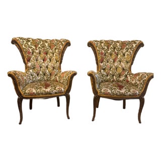 Pair of Vintage French Provincial Two-Tone Velvet and Tapestry Wingback Bergère Chairs For Sale