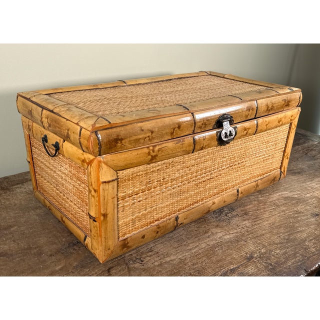 Boho Chic Vintage Bamboo and Woven Rattan Storage Trunk Chest For Sale - Image 3 of 8