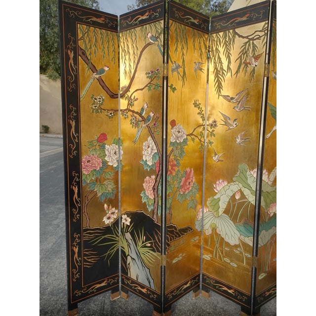 84" Tall Vintage Eight Panel Oriental Asian Gold Folding Screen Room Divider W Birds For Sale - Image 4 of 13