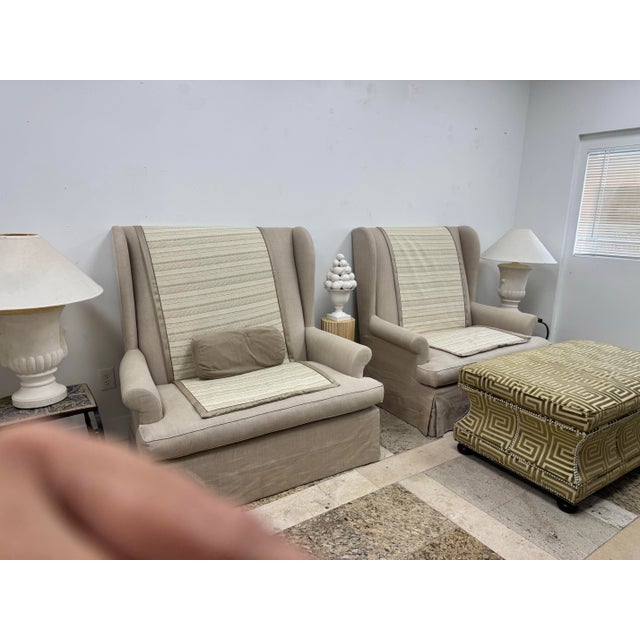 Gregorius Pineo Pair of Gregorius Pineo High Back Loveseats in Oatmeal Linen For Sale - Image 4 of 11