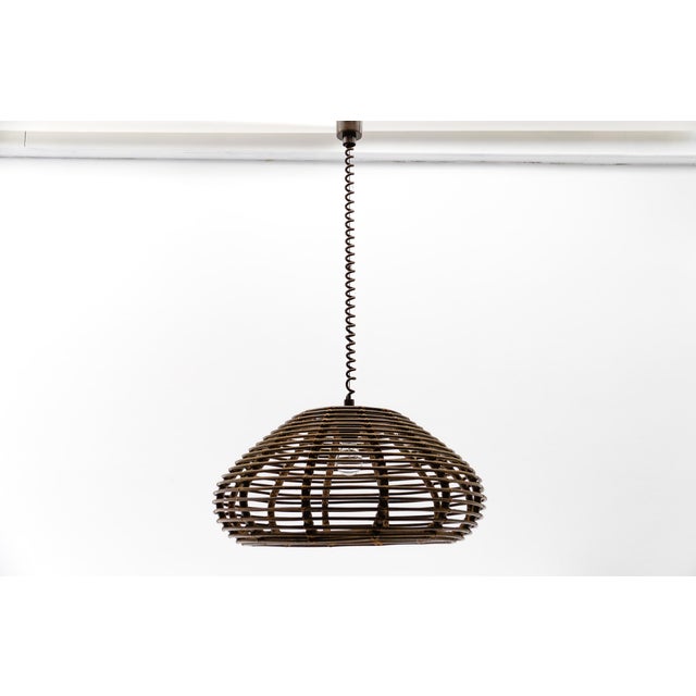 Mid-Century Modern French Provincial Handmade Adjustable Rattan Pendant Lamp, 1960s For Sale - Image 3 of 10