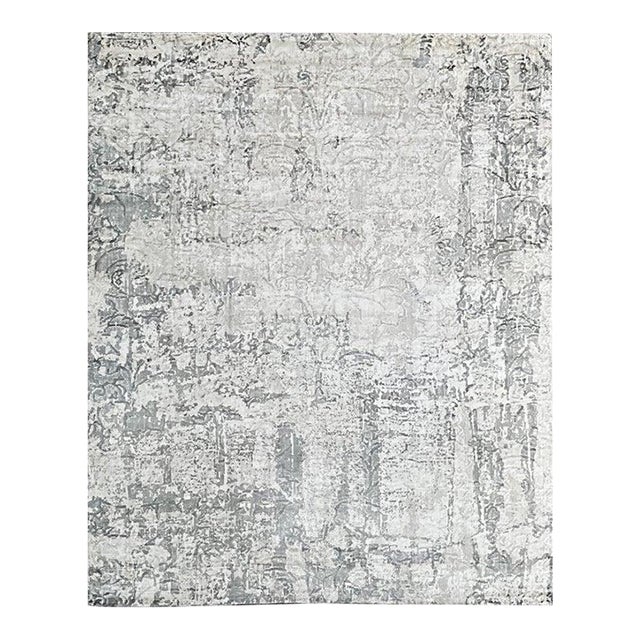 7x9 Ivory Hand-Knotted Wool Distressed Floral Texture Abstract Modern Carpet Rug For Sale