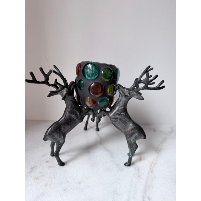 Black Vintage Cast Iron Reindeer Candle Holder With a Multi-Colored Glass Pillar For Sale - Image 8 of 14
