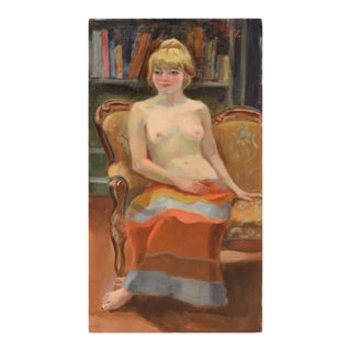 1970s Figurative Female Nude in a Library Oil Painting by Margaret Wherry Ziegler For Sale