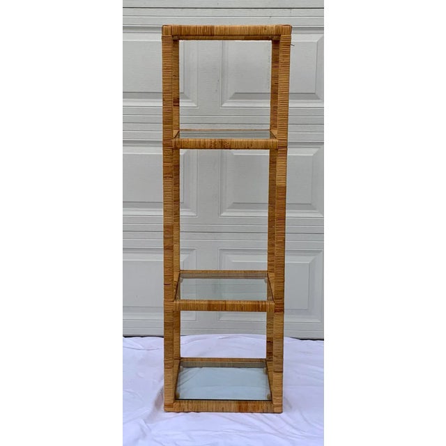 Boho Chic Wrapped Split Rattan Wicker and Glass Etagere For Sale - Image 10 of 11