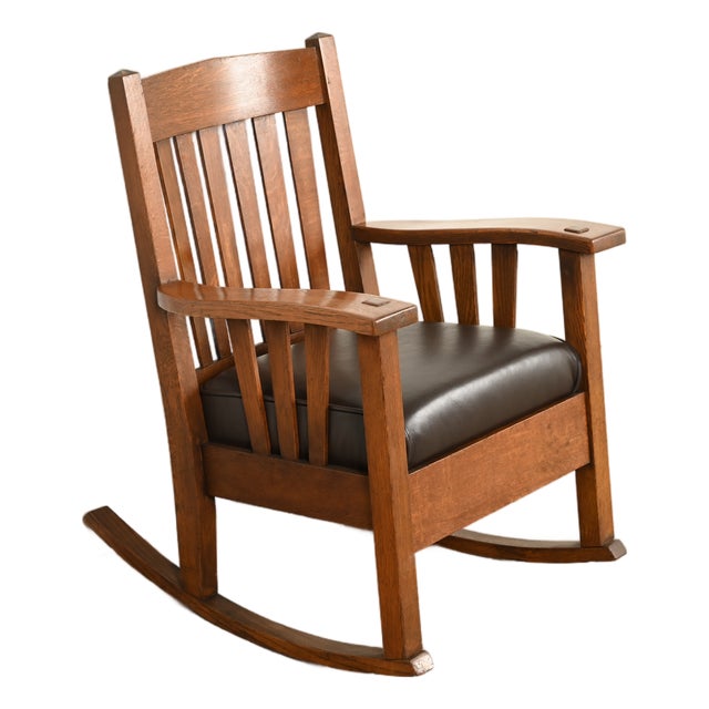 Stickley Brothers Style Antique Mission Oak Arts & Crafts Rocking Chair, Circa 1910 For Sale