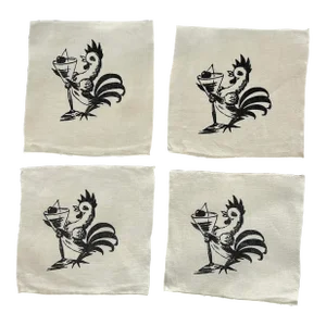 Mid Century Rooster / Gamecock Holding Martini Linen Cocktail Napkins - Set of 4