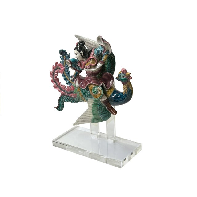 Chinese Vintage Color Ceramic Warrior Riding Phoenix Figure Display Art For Sale - Image 4 of 8