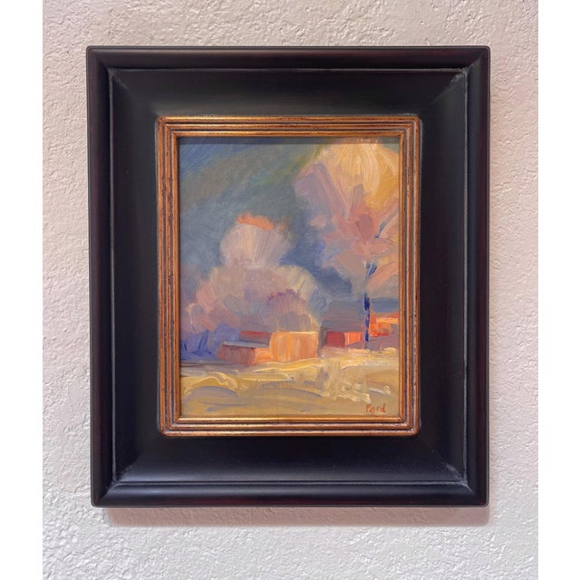 This oil on panel depicts a serene winter landscape, where soft, pastel hues blend to create a tranquil atmosphere. The...