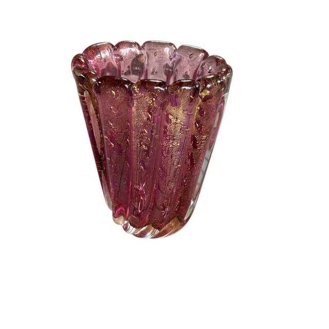 Mid 20th Century Murano Plum Lotus Vase With Gold Leaf Flecks and Bubbles For Sale - Image 5 of 13