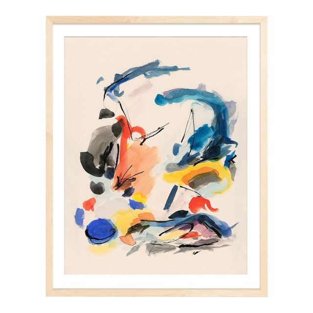 "Blue Notes No. 2" Abstract Watercolor Print With Primary Colors in Natural Wood Frame For Sale
