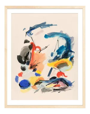 "Blue Notes No. 2" Abstract Watercolor Print With Primary Colors in Natural Wood Frame