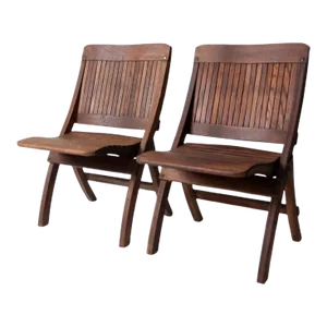 Mid-Century Slat Wood Folding Chairs Pair