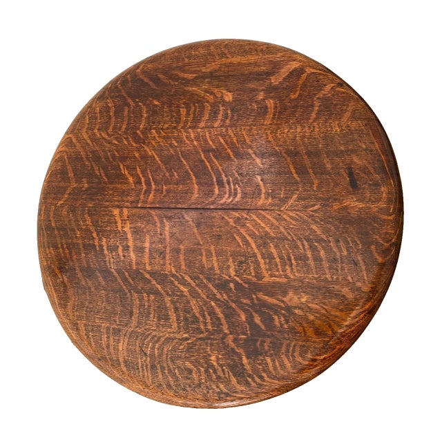 Arts & Crafts Antique Round Table With Square Bottom Plant Book Shelf, Quarter Sawed Tiger Oak For Sale - Image 3 of 11