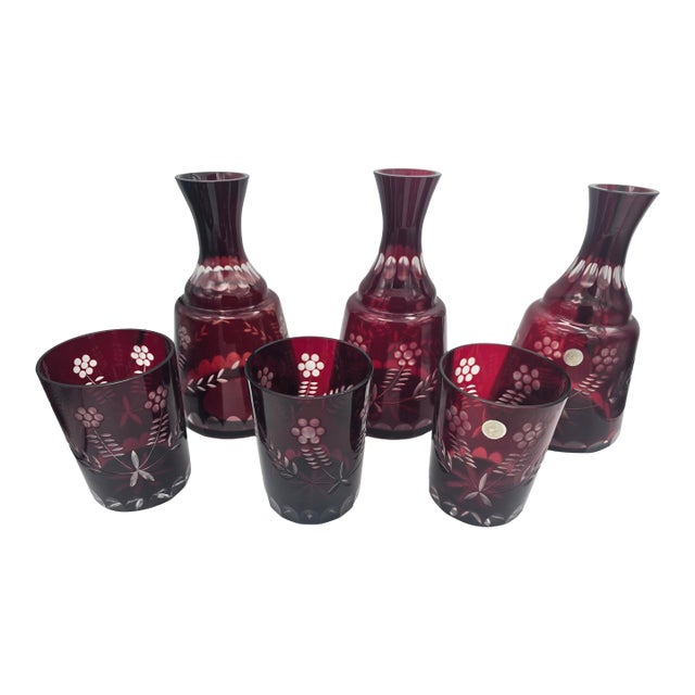 Vintage Bohemian Cut to Clear Ruby Bedside Carafe Tumble Up Sets - Set of 6 For Sale
