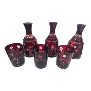 Vintage Bohemian Cut to Clear Ruby Bedside Carafe Tumble Up Sets - Set of 6