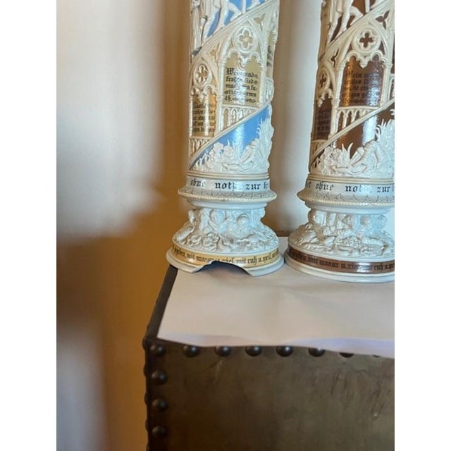 White RARE Pair Antique V&B Mettlach 16" Relief Tower Steins #168 Medieval Scene For Sale - Image 8 of 11