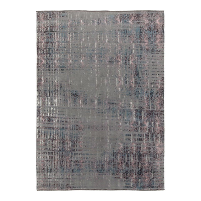 Rug & Kilim’s Abstract Rug in Blue and Grey, Subdued Pink Floral Patterns For Sale