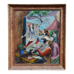 Magic Circus Dogs and Ladies Oil on Canvas Woodstock Artist Signed Peggy Dodds