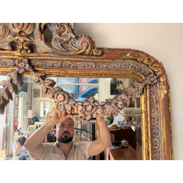 Antique 19th Century French Rococo Distressed Giltwood Wall Mirror For Sale In Miami - Image 6 of 12