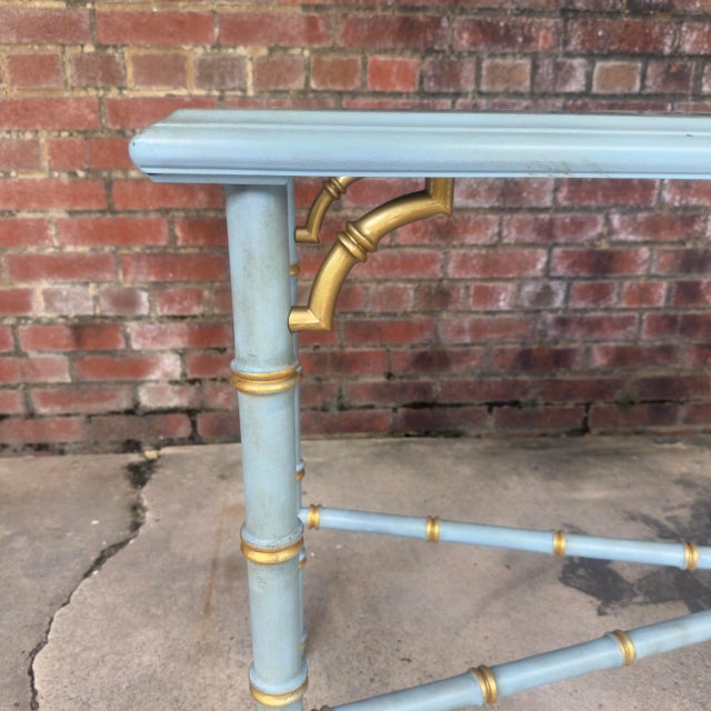 Vintage French Blue and Gold Faux Bamboo Console Table Attributed to Lane Altiavista Newly Painted - Dorothy Draper Style For Sale - Image 10 of 11