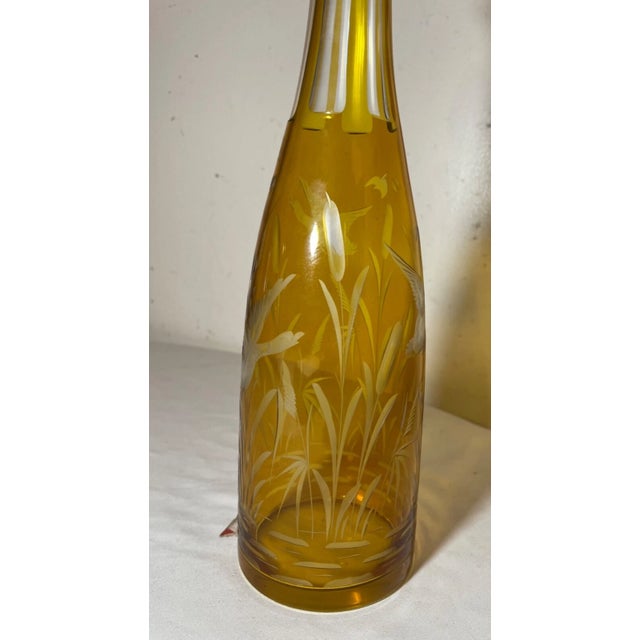 Antique Yellow Cut to Clear Czech Bohemian Crystal Glass Liquor Decanter Bottle For Sale - Image 11 of 13