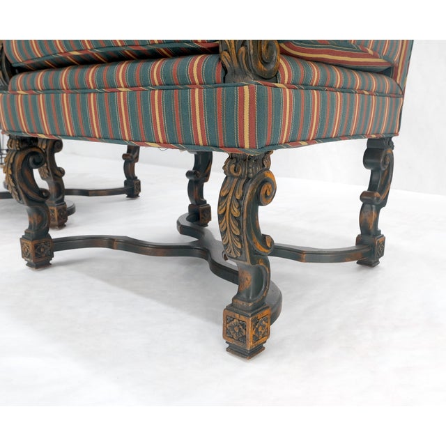 Pair of Carved Bases & Arms Striped Upholstery Fire Side Arm Lounge Chairs MINT! For Sale - Image 16 of 18