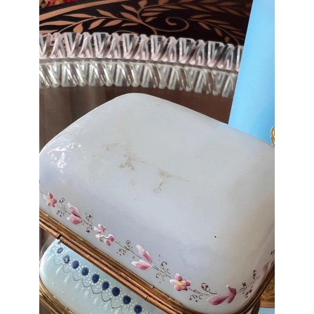 Glass Beautiful antique pale blue opaline glass box // Napoleon III era // 1850-1870 // hand-enameled boule de savon hinged box // collectible For Sale - Image 7 of 15