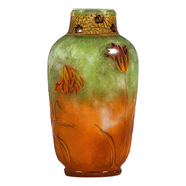 Art Nouveau Cameo Tulips Vase with Gilding from Daum Nancy, France, 1900s For Sale