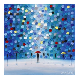 Rainy Memories - Original Cool-Tone Figurative Abstract Oil Painting on Canvas by Ekaterina Ermilkina For Sale