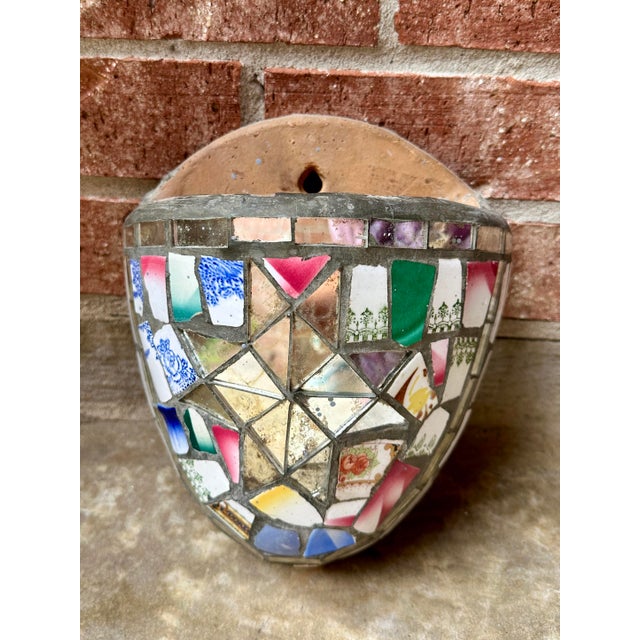 Folk Art 19th Century Mosaic Memory Ware Wall Pocket | Victorian Shardwork Folk Art | Broken China Memento Vessel For Sale - Image 3 of 10
