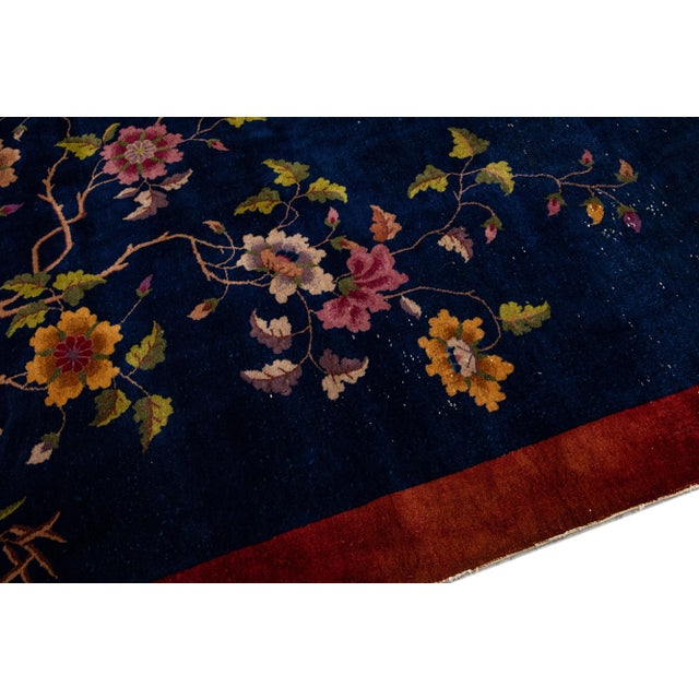 Antique Art Deco Chinese Handmade Floral Blue Wool Rug For Sale - Image 10 of 13