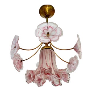 Vintage Murano Glass Ruffled Floral Pendant Light – Pink Swirl & Daisy Shades For Sale