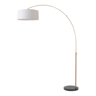 1950s 92" Adjustable Brass Floor Lamp - Mid Century Modern Arc Lamp, White Linen Shade, Black Marble Base For Sale