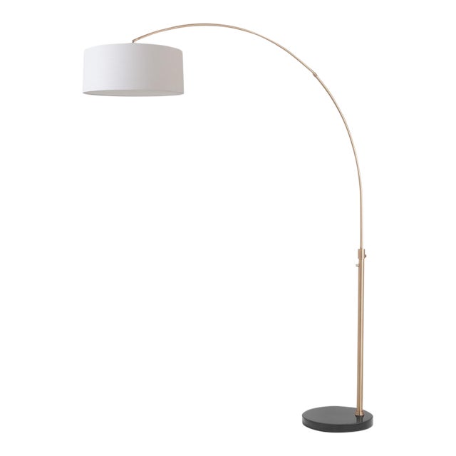 1950s 92" Adjustable Brass Floor Lamp - Mid Century Modern Arc Lamp, White Linen Shade, Black Marble Base For Sale