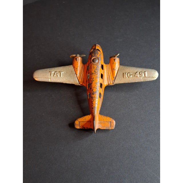Share Vintage 1930s Hubley Cast Iron Tat Nc-491 Dual Prop Airplane Toy Orange Nickel For Sale In Boston - Image 6 of 15