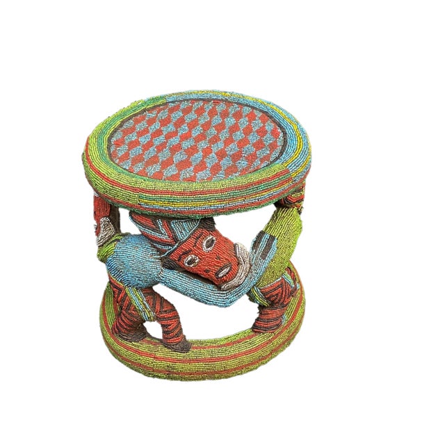 Wood Large Nobility Beaded Wood Bamileke Throne /Table/ Stool Cameroon 21" D For Sale - Image 7 of 9