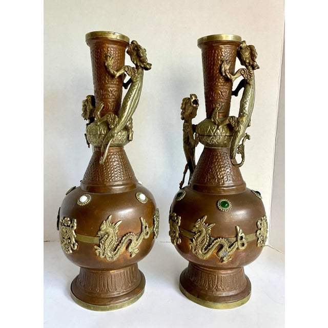 Pair of Antique Asian Tibetan Copper Brass Dragon Vases For Sale - Image 10 of 12