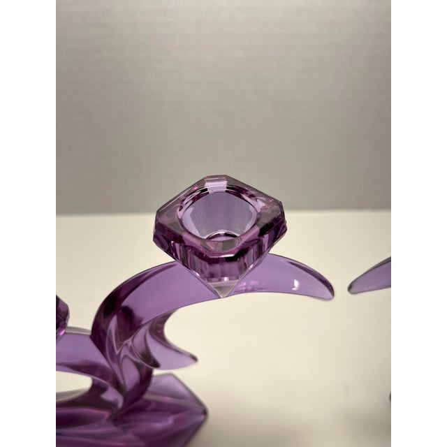 Contemporary Vintage Crystal Glass Purple Alexandrite Candlestick Holders- Set of 2 For Sale - Image 3 of 7