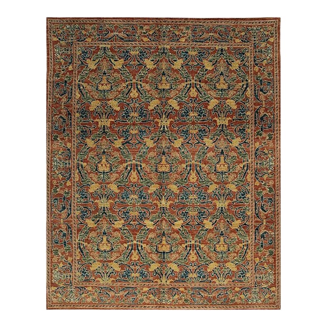 9x12 Coral Hand-Knotted Wool Floral Trelliswork European Modern Carpet Rug For Sale