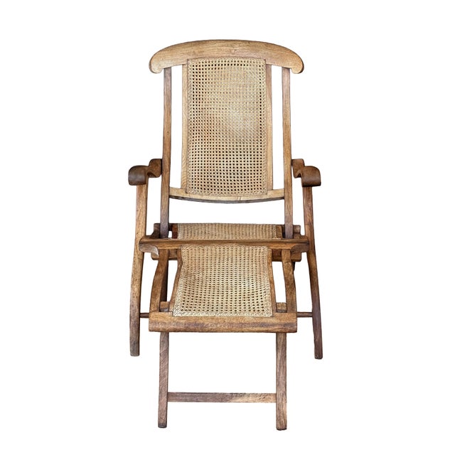 French French Cruise Liner Deck of Lounge Chair of Teak and Cane For Sale - Image 3 of 14