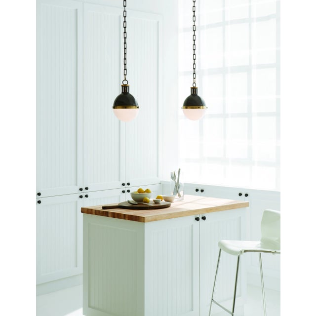 Modern Thomas O'Brien for Visual Comfort Signature Hicks Small Pendant in Bronze & Hand-Rubbed Antique Brass with White Glass For Sale - Image 3 of 5