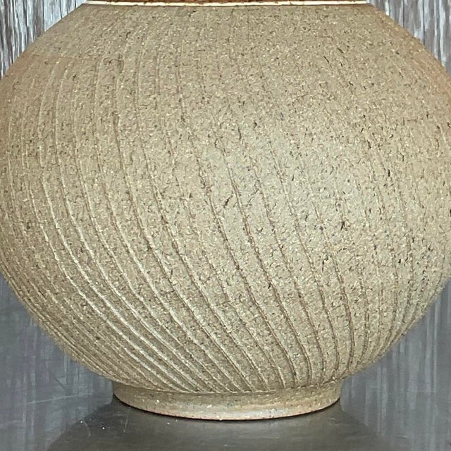 Vintage Boho Scored Studio Pottery Vase For Sale - Image 9 of 12