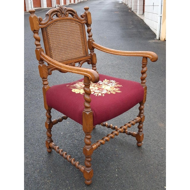 Early 20th C. Jacobean Style Barley Twist Oak, Cane and Upholstered Seat Armchair For Sale In Washington DC - Image 6 of 9