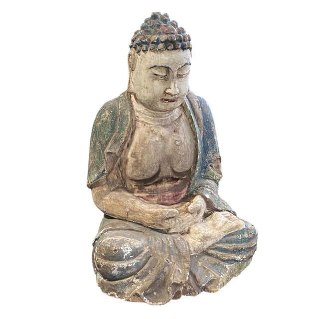 Asian Vintage Meditating Wooden Lord Buddha 19" H For Sale - Image 3 of 10