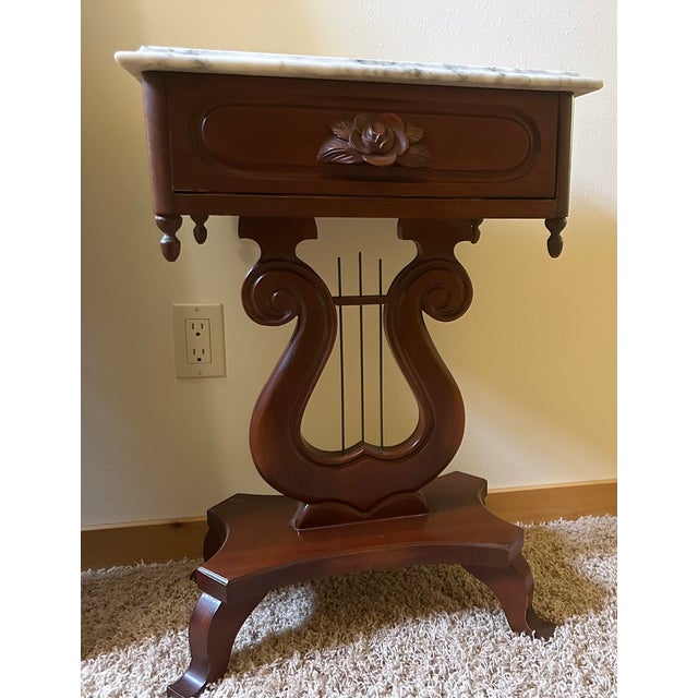 Brown Pair of Vintage Victorian-Style Lyre Harp Base Marble Top Nightstands / Side Tables – Italian Marble, Carved Rose Drawers For Sale - Image 8 of 9